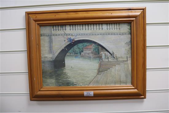 English School, oil on canvas, child falling from a bridge, indistinctly signed, 28 x 41cm